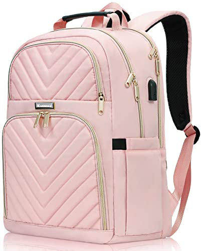 Kuosdaz Rucksack Damen, 17.3 Zoll Schulrucksack Mädchen Teenager mit USB Ladeanschluss, Laptop Rucksack Stylischer Daypack Wasserdichte für Schule, Uni, Reisen, Arbeit, Rosa