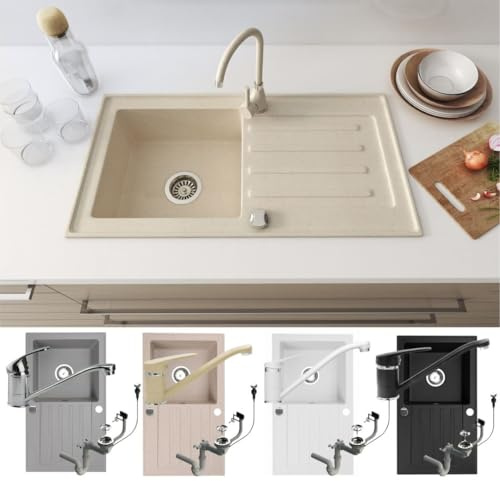 Faizee Möbel Granitspüle 76x44 Beige + Armatur Cado Beige Hochwertig beidseitig Montierbar Küchenspüle Eckig Einbaugranit