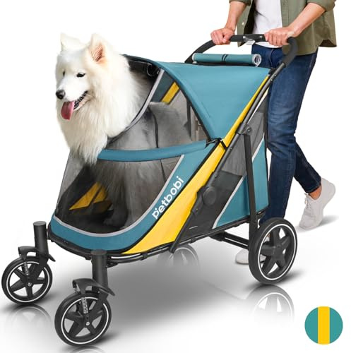Petbobi Hundewagen für große Hunde, leicht zusammenklappbar, mit doppeltem Eingang, Bremse mit einem Fuß, großes atmungsaktives Netz und Sonnendach, für mittelgroße bis große Hunde bis zu 36 kg, Grün