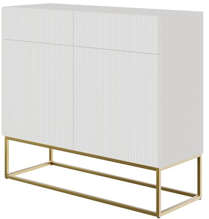 Selsey Kommode Schrank Aufbewahrungsschrank 100 cm Mit 2 Schubladen Und 2 Türen Weiß Goldene Beine Veldio