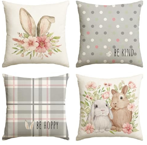 Artoid Mode Grau Hasenohren Hasen Blumen Ostern Kissenbezüge 4er Set, 45x45 cm Strifen Tupfen Frühling Zierkissenbezug Couch Wohnzimmer Deko
