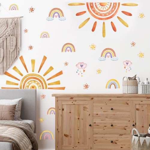 WandSticker4U®- Wandtattoo REGENBOGEN SONNE Boho Kinderzimmer Orange/Gelb XXL (120x75 cm) I Wandsticker Sonne Boho Regenbogen Babyzimmer Wanddeko Retro I Wandaufkleber Kinderzimmer Deko Mädchen Junge
