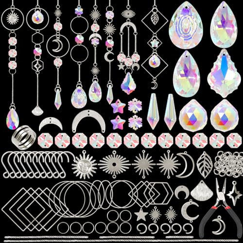 UXORSN Sonnenfänger Kristall 200 Stück Suncatcher Machen Bastelset Erwachsene Hängend Windspiel Stern Sonnen Mond Regenbogen Anhänger Ornament Für Fenster Garten Hochzeit Dekor (Silber)