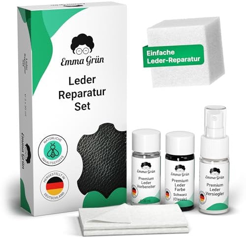 Emma Grün® Lederreparaturset Schwarz [KOMPLETT SET] - Professionelles Leder Reparatur Set für Sofas, Möbel, Lenkräder & Autositze - Ideal für DIY Leather Repair Kit Anwendungen - Made in Germany