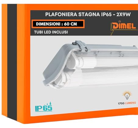 DI.M.EL. S.R.L. Plafoniera Stagna per 2 tubi LED da 60 cm IP65 impermeabile illuminazione perfetta per garage, seminterrato, uffici (Doppio tubo, Luce naturale 4000K)