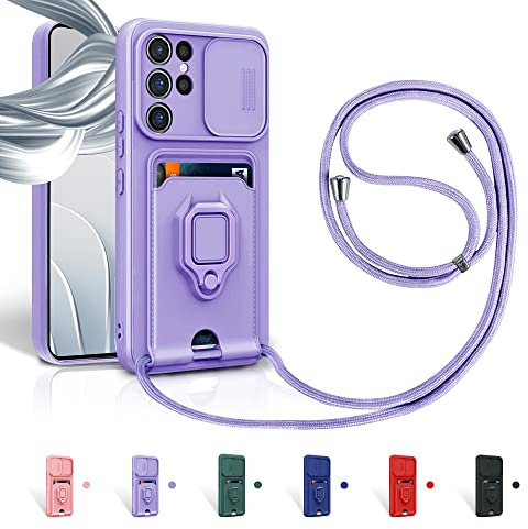 Aithne Cordon de Coque pour Samsung Galaxy S24 Ultra,Couvercle Coulissant de la Caméra+Support Annulaire à 360 Degrés,Fentes pour Cartes Lanyard Silicone Case -Pourpre