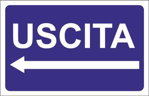 M-ITALY CARTELLO SEGNALETICO - uscita blu con freccia personalizzata - Adesivo Extra Resistente, Pannello in Forex, Pannello In Alluminio (30x42, Adesivo)