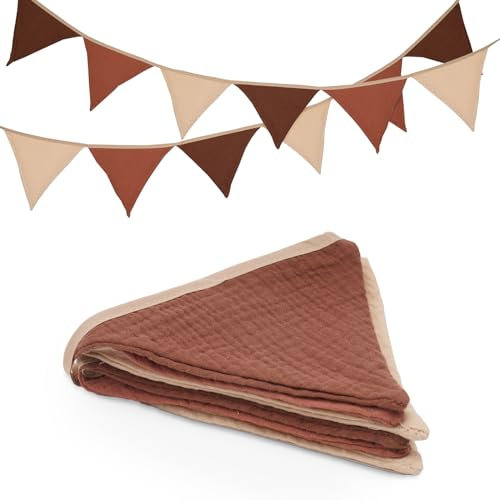 jijAcraft Wimpelkette Kinderzimmer Kaffee, 1.9M Stoff Wimpelkette aus Musselin Baumwolle, Doppelseitig Stoffgirlande Kinderzimmer, Girlande Kinderzimmer für Fenster, Hausbett