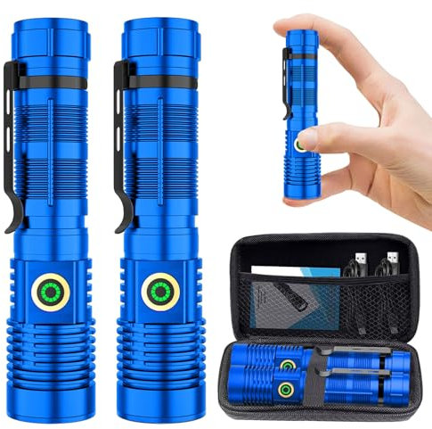 Rechargeable Flashlight High Lumens, High Lumens Super Bright Flash Light, Long-Range Zoomable LED Flashlights for Emergency, EDC, Searching, Waterproof Flashlight Dimmable Blue Pcs