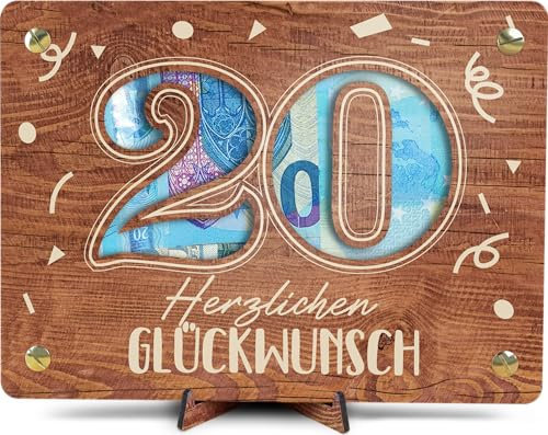 20 Geburtstag - XL Geldgeschenk aus Holz inkl. Ständer | Geschenk 20. Geburtstag - 20 Geburtstag Frauen, 20 Geburtstag Männer, 20 Geburtstag, 20. Geburtstag Frauen, 20 Geburtstag Deko