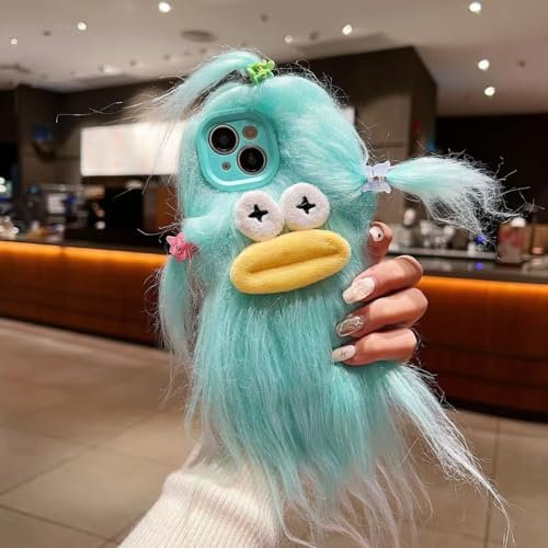 Pretaco for iPhone 12 Case Weird Furry Phone Cases Green | Funny and Silly, DIY Long Hair with Hairclip, Ugly Phone Case, Swap Challenge Gifts with Friends
