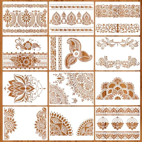 12 Pièces Pochoir Mandala XXL 29 × 21cm Pochoirs pour Peinture Pochoir Scrapbooking Ajourés Pochoir Peints Fleurs pour Tissu, Murale a Peindre, Meuble, Stencil CréAtion, Textile