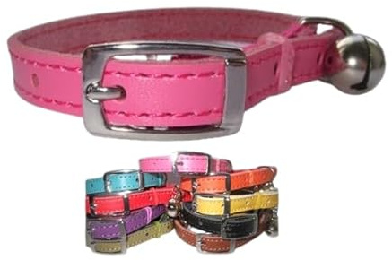 Leather cat collar, safety elastic, bell, metal buckle (Pink)
