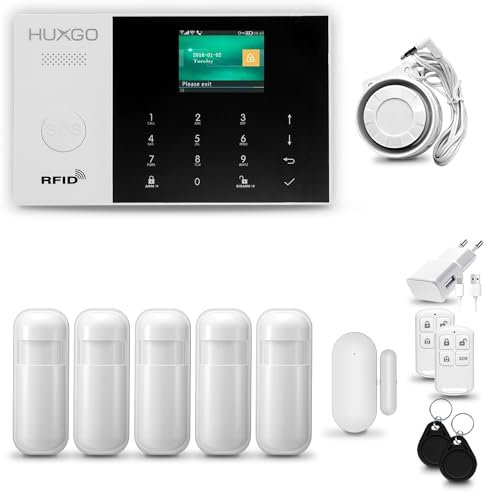 HUXGO® HXA005 Sistemі di allarme casa senza fili con sirena esterna WiFi + GSM | Antifurto casa kit con 1x sensori di allarme per finestre/portes, 5x rilevatori di movimento |TUYA Smartlife App