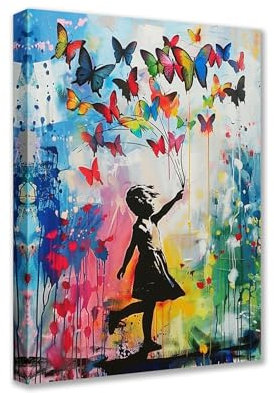 Tucocoo Raumwandbilder, bunte Schmetterlinge, Gemälde, 1 Stück, Leinwand, kleines Mädchen, Banksy, Straßenkunst, Graffiti, modernes Kunstwerk, Heimdekoration für Wohnzimmer, gerahmt,