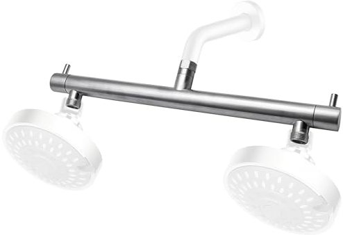 Beiyi Double Shower Heads Brushed Nickel Double Shower Head Adapter with Shut-off Valve G1/2 Connector for Rain and Hand Shower