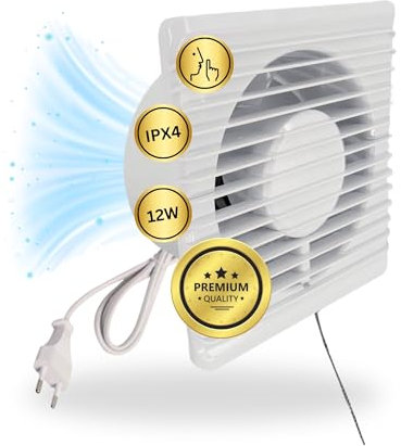 TronicXL 230V Badlüfter mit Kabel Schalter und Stecker IPX4 100mm Abluft/Zuluft Lüfter Ventilator mit Netzstecker für WC Toilette Keller Küche Einbau Einbaulüfter Abluftventilator