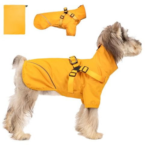Regenmantel für kleine und mittelgroße Hunde, wasserdichte Regenjacke mit integriertem Geschirr für nasses Wetter, leicht zu tragen, reflektierender Zupf, Gelb, Größe XL