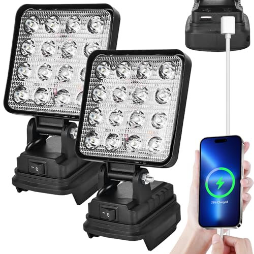 GAOUTO LED Lampe de Travail: 2 Pièces, 27W Lampe de Chantier Portable, Chargement USB, pour Intérieur et Extérieur (18V)