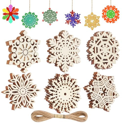 Dluszert 36Pcs 7.5CM Christmas Wooden Snowflakes Ornaments for Crafts, Wooden Snowflakes Hanging Pendant mit 10M Schnur, Wood Pendants Snowflake Embellishments for Christmas Tree DIY
