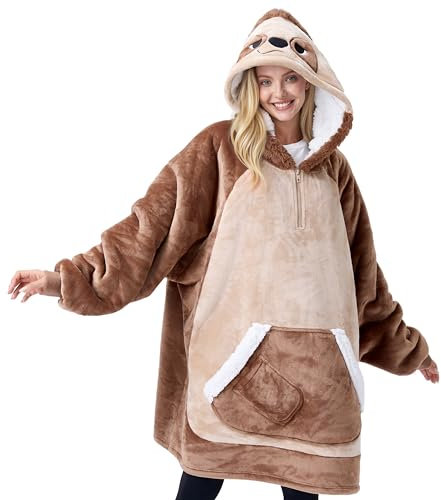 Giggling Getup Faultier tragbare Decken Hoodie, Übergrößer weicher Sherpa Fleece Kapuzen Decke, Warmer komfortabele Plüsch Flanell Decken Sweatshirt mit Tasche und Ärmeln für Erwachsene Damen Herren