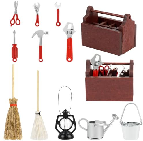 Wichtel Werkzeug Set, 12 Stück Mini Wichtel Werkzeugkasten, Miniatur Puppenhaus Zubehör Holz, Wichtel Zubehör Weihnachten für 1:12 Puppenhaus Miniatur Garten Deko, Mini Werkzeugkiste Holz mit Werkzeug