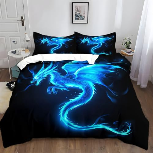 Bettwäsche 155x220 cm Blauer Fliegender Drache Schwarz Blau Bettbezug Set 3-teilige atmungsaktive Baumwoll-Bettwäsche für Teenager Erwachsene Schlafzimmer modern & cool weich