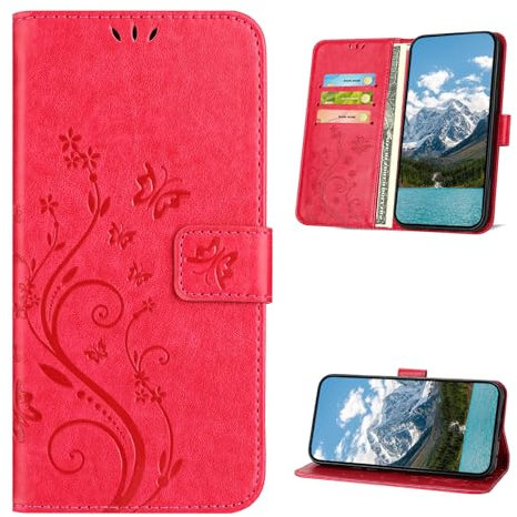 XINQCASE Handyhülle für Samsung Galaxy A41 Hülle, PU Leder Prägung Klapphülle Mit Kartenfach, Flip Case Schutzhülle für Samsung A41, Rot