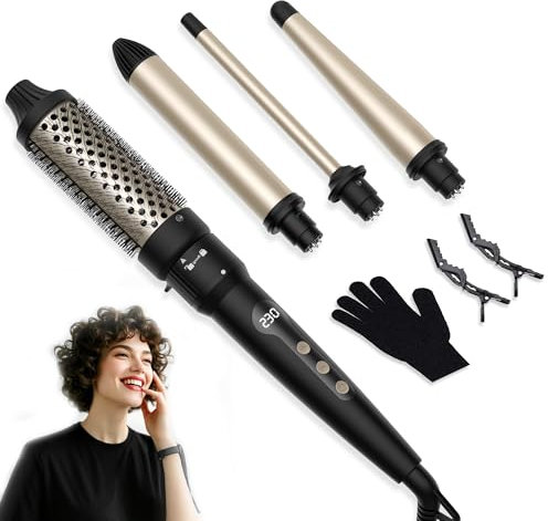 0.35/0.5-1/1.25'' Hair Curling Wand & 1.5'' Hot Brush, 4 in 1 Curling Wand Thermal Brush Set, OKWRAP Curling Iron Set 100-230 ℃ with 4 Attachments, Multifunctional Styling Kit (Black Gold)