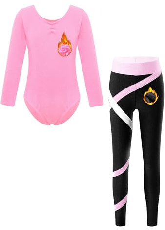 FEESHOW Mädchen Langarm Turnanzug Mit Hose Gefüttert Trikot Leggings Set Kinder Thermo Ballettkleidung Gymnastik Tanzkleidung Rosa 158-164