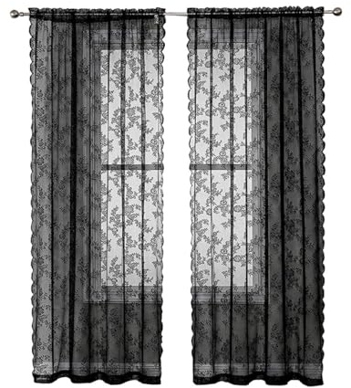 Whakano 2 Stück Spitze Vorhänge Dekorative Gardinen,Blumen Muster Gardinen Transluzente Verdunklung Gardinen für Küche Wohnzimmer Luftig Dekoschal für Schlafzimmer,Heimdekoration,Schwarz,W150xL180cm
