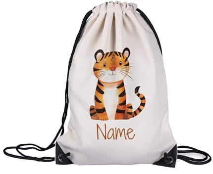 GRAZDesign Personalisierter Turnbeutel für Kinder - Kindergarten Tasche mit Tiger-Motiv - Stoffbeutel mit eigenem Namen bedruckt
