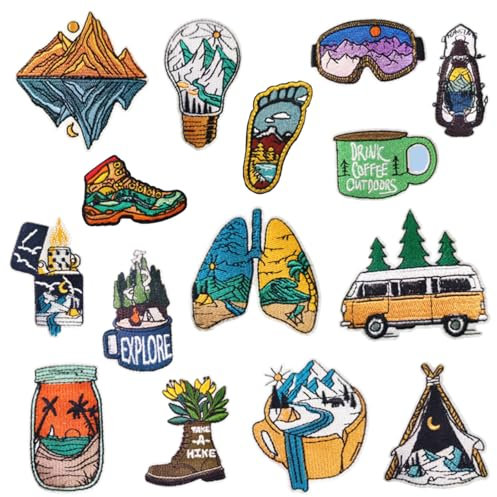 15 Stück Patches zum Aufbügeln DIY Berg Und Flussmuster,Camping Thema Applikationen Patches zum Aufbügeln ZubehöR,Farbige Landschaftsflecken,für Jacken,Jeans,Hüte,Nähen Applique DIY Zubehör.