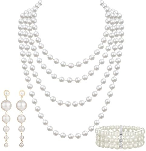 agogue 3 Stück 20er Jahre Accessoires Perlenkette Lang Set,Perlenarmbänder,Perlenkette Damen 3 Teiliges Set Retro Modeschmuck, Perlenarmband Damen Vintage Beads for Prom