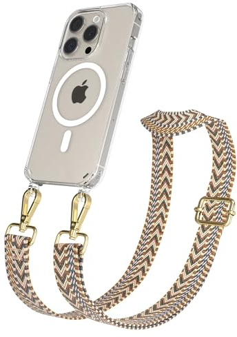 EAZY CASE Handykette - Verstellbares Taschenband kompatibel mit iPhone 15 Pro, Schulterriemen, Handykordel mit Silikon Hülle, Qi Charging kompatibel, Umhängetasche, Braun Gold