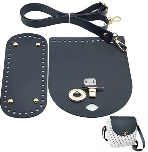 CALFOVERA 1 Stück PU Leder Geldbörse Häkelset Langer Ovaler Handtaschenboden Verstellbarer Schultergurt Klappdeckel Zubehör Für DIY Handtasche Geldbörse Rucksack Tasche Herstellung Ersatz Schwarz