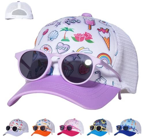 LUKIUP 2 piezas gorra de béisbol gafas de sol para niño niña, gorra ajustable para niños, gorra de base para niños y niñas, regalos de dibujos animados, morado, 50-54