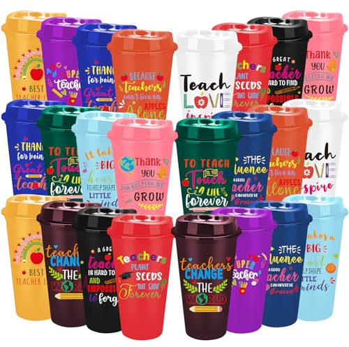 Lot de 24 tasses à café de 470 ml avec couvercles, en plastique, pour smoothie, à emporter, cadeaux de remerciement, cadeaux de remerciement pour enseignants, rentrée scolaire, crèche
