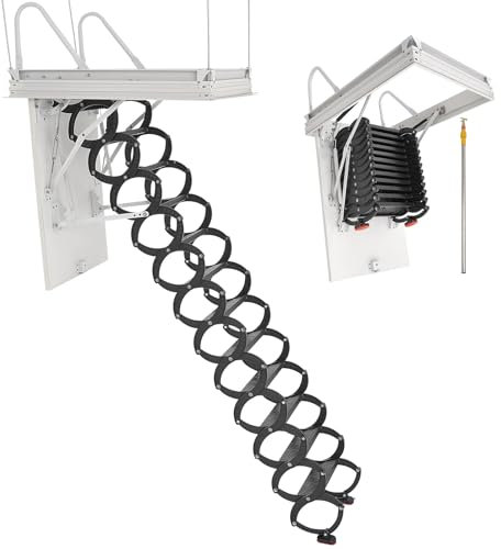 VEVOR Escalera de Ático, Carga 299,4 kg, Apta para Techos 2,9 a 3 m de Altura y Abertura 100 x 70 cm, Acero de Aleación, Retráctil y Abatible con Barra de Tracción para Techos de Áticos y Lofts