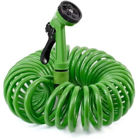 CABLEPELADO - Manguera Espiral Extensible de Jardín, Hasta 10m, 7 Modos de Riego, Pistola de Agua Incluida, Compatible con Accesorios Estándar, Verde