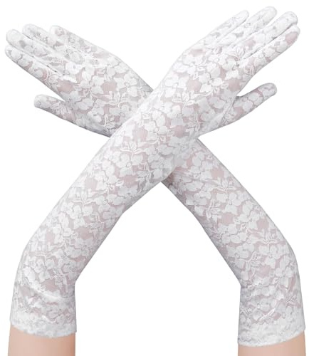 Spitzenhandschuhe Weiß Halloween Handschuhe Lang Spitzen Handschuhe Damen Florale Spitze Party Fingerhandschuhe Ellenbogenlange Armstulpen für Hochzeit Brautparty Teepartys Maskerade
