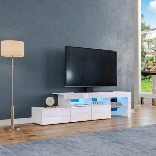 High Gloss TV Stand Cabinet with LED Lights,TV Table Unit for up to 65 Inch Television with 3 Drawers,3 Open Shelves and 1 Glass Shelf,Modern Entertainment Center for Living Room,Dining Room (White)