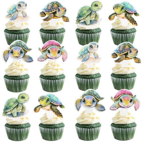 MEZHEN Tortendeko Turtle Kuchen Deko Geburtstag Cake Topper Schildkröte Torte Deko Meer Tiere Kuchendeko Muffin Geburtstagsdeko Tortendekoration 72 Stück