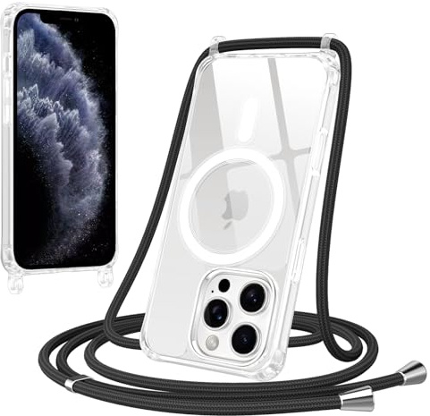 Jrkvniv Magnétique Coque pour iPhone 11 Pro Max avec Cordon, Compatible avec MagSafe Transparent Réglable Lanyard Necklace Case, Mince Souple Silicone TPU Antichoc Housse pour iPhone 11 Pro Max, Noir