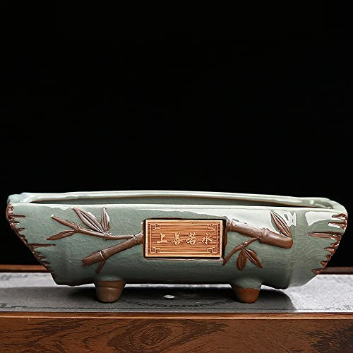 Bonsai-Töpfe - Großer rechteckiger kreativer Keramik-Blumentopf, Vintage-Stein-Design für Grünpflanzen, ideal für fleischige Pflanzen, chinesischer Stil