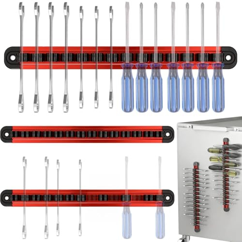 Ezzylife Magnetic Tool Holder - Aluminum Rails Screwdriver Wrench Organizer, Removable 14 Sliding Clips, 3 PCS Wall Mounted Strips Compact Storage for UK Garage, Workshop & Toolbox