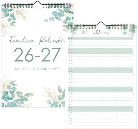 Familienkalender 2026/2027, 4 Spalten, 18 Monate, 30 x 21 cm | Juli 2026 bis Dez. 2027, 120 g/m² Papier, Spiralbindung, für Familie, Paare oder Büro