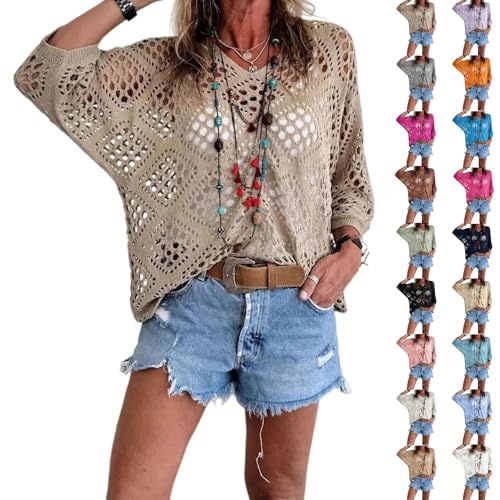 Hauts Crochet Femme Été Cover Up Col Rond Hollow Out Tricot Ajouré Maille Haut Décontracté Léger Respirant Cache-Maillot Pull Grande Taille Ample Sexy pour Plage Vacances Croisière Quotidien