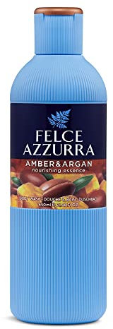 Felce Azzurra - Bagnoschiuma Profumato Ambra e Argan, Bagno Schiuma Detergente Delicato Idratante per Pelle Morbida, Note Dolci di Mandorle e Vaniglia, Bagnodoccia Dermatologicamente Testato, 650 ml