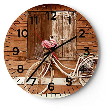 Modern Wanduhr Fahrrad Blume Korb alt 30x30cm Rund Klein Wand Uhr Glas Analog Zimmeruhren Küche Büro Wohnzimmer Glasuhr Wall Clock Dekoration Design Wanddekoration Küchenuhr C4AR30x30-2954